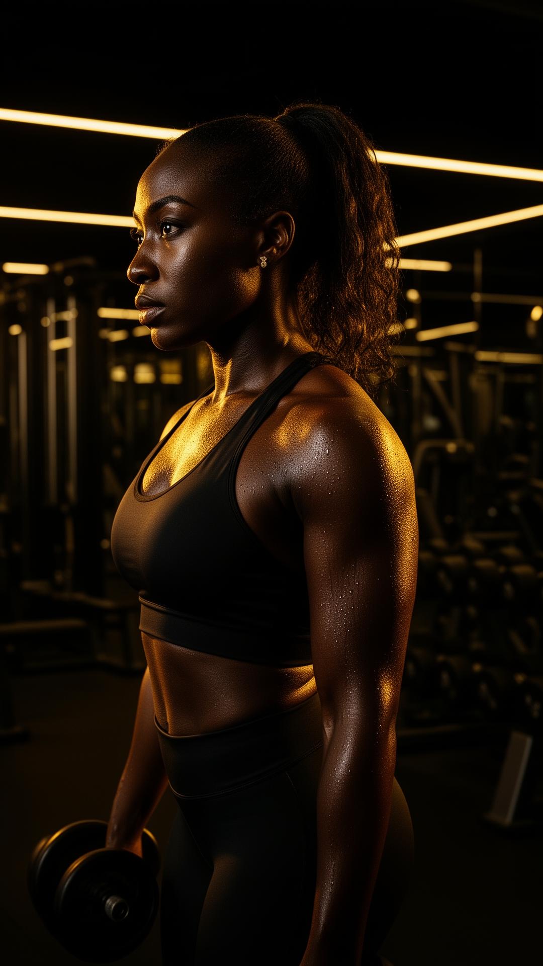 Black female fitness professional in dramatic gold light